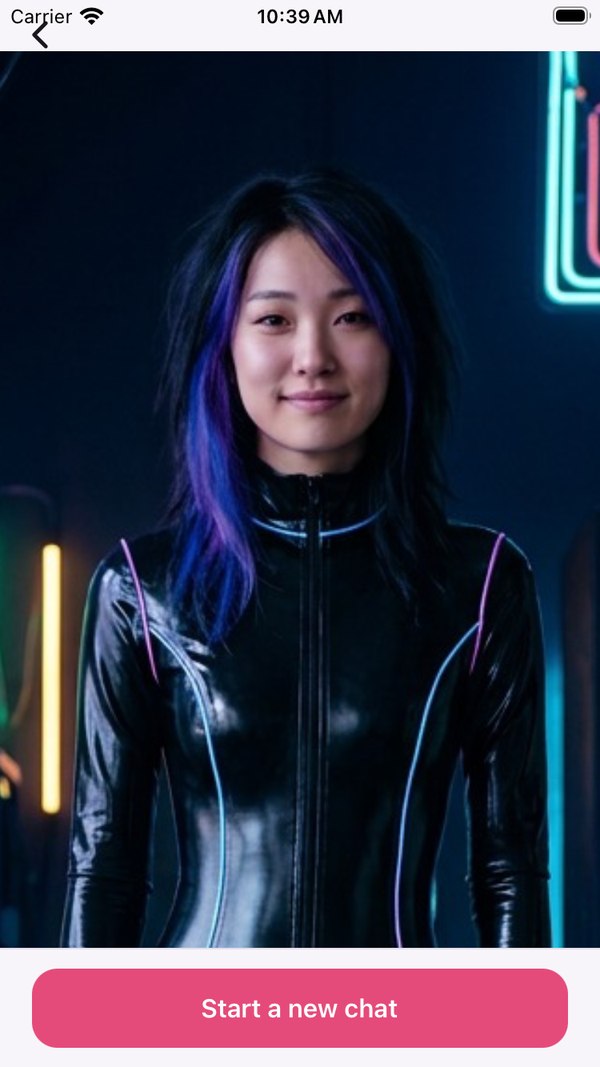 A character page: a full-height portrait of a woman with violet-streaked hair in a neon-lit street, and a 'Start a new chat' button