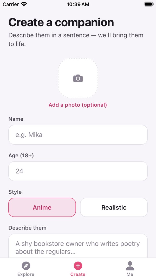 Create a companion: an optional photo, a name, an age field marked 18+, Anime or Realistic, and a one-line description