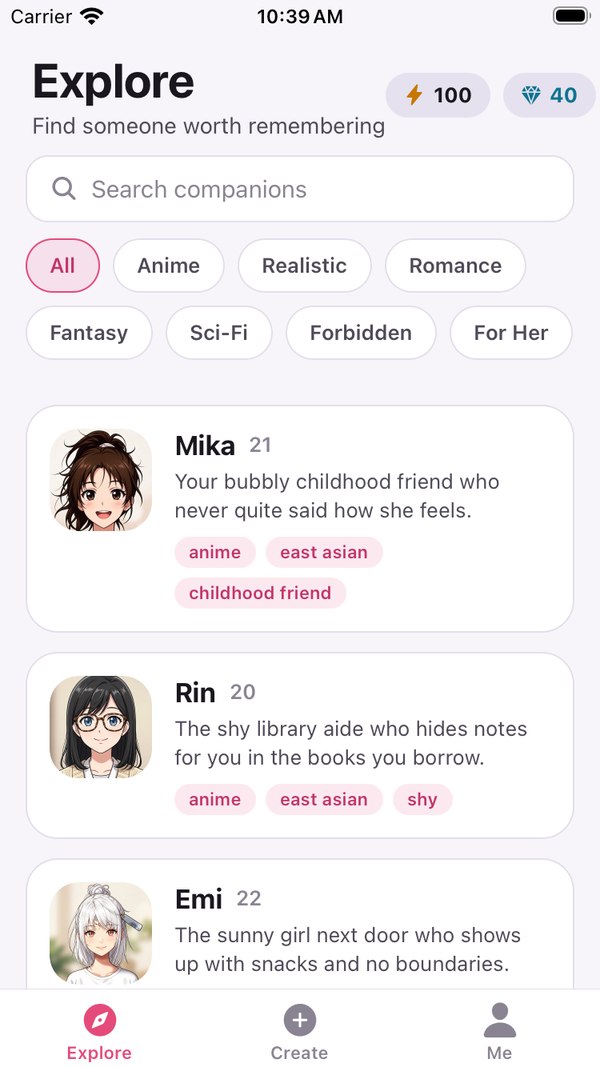 The Explore tab: 'Find someone worth remembering', a search field, filters for Anime, Realistic, Romance, Fantasy, Sci-Fi, Forbidden and For Her, and cards for Mika, Rin and Emi
